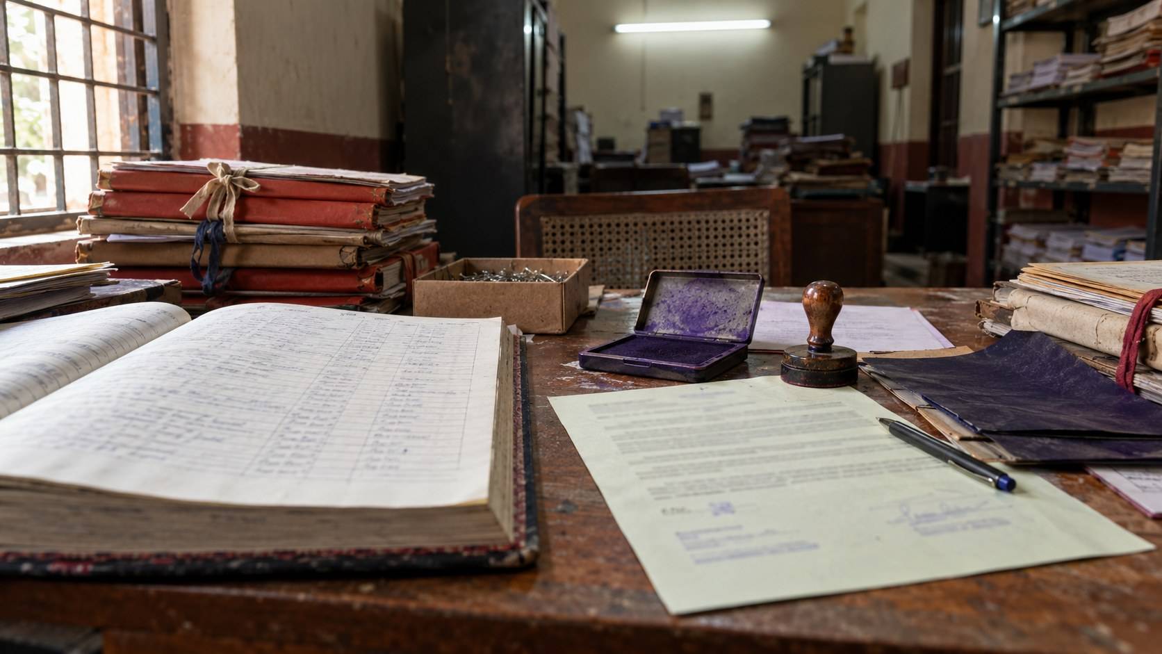 A notary's rubber stamp and an ink pad beside a signed sheet on stamp paper, on a cluttered office desk