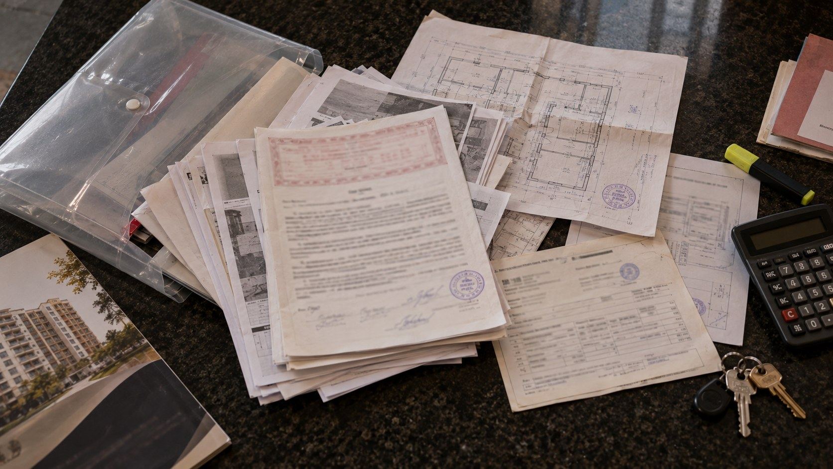 A buyer's document folder spread out on a table: sale agreement, EC and khata extract