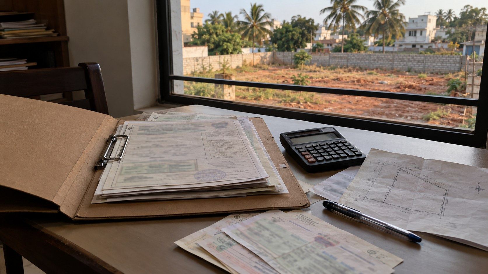 A site owner's file with a khata extract and tax receipts on a table