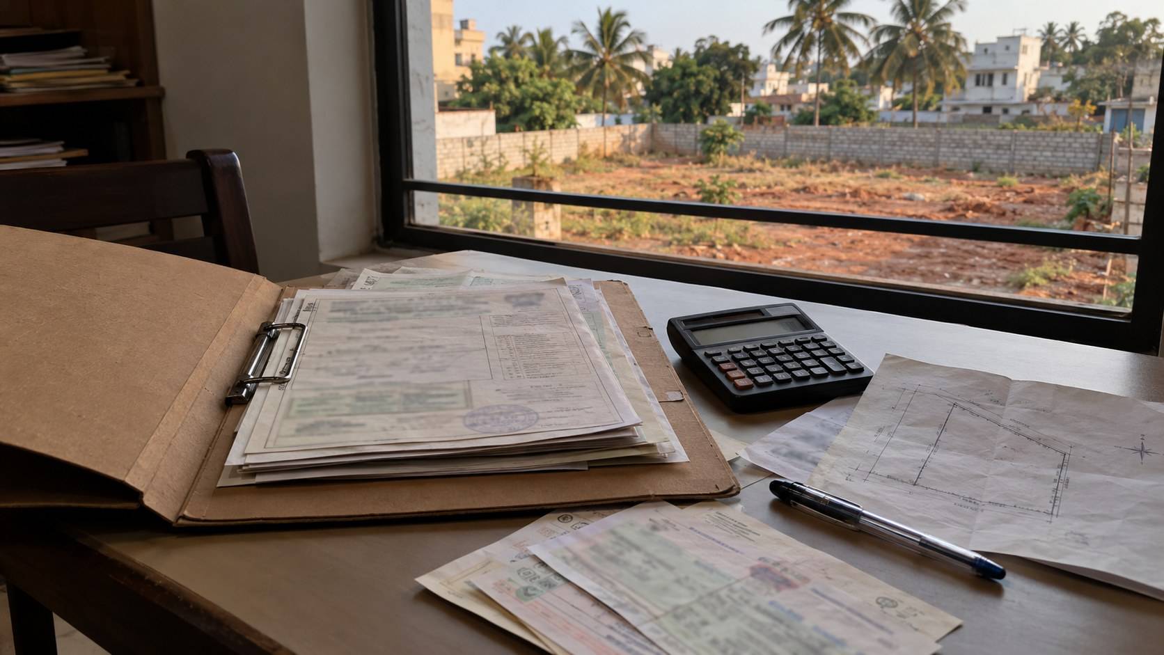 A site owner's file with a khata extract and tax receipts on a table