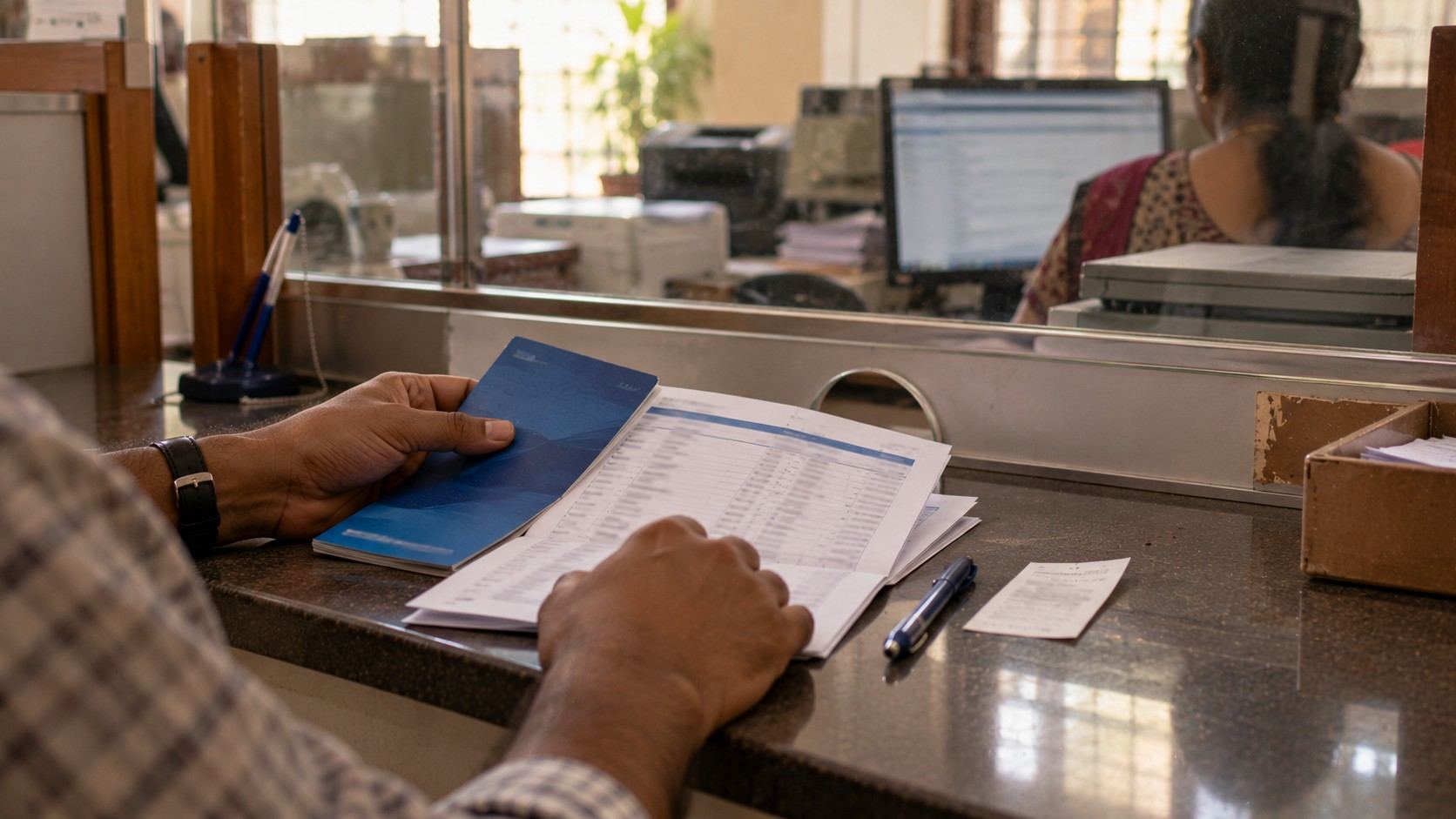 A person at a bank branch counter holding a passbook and a printed account statement