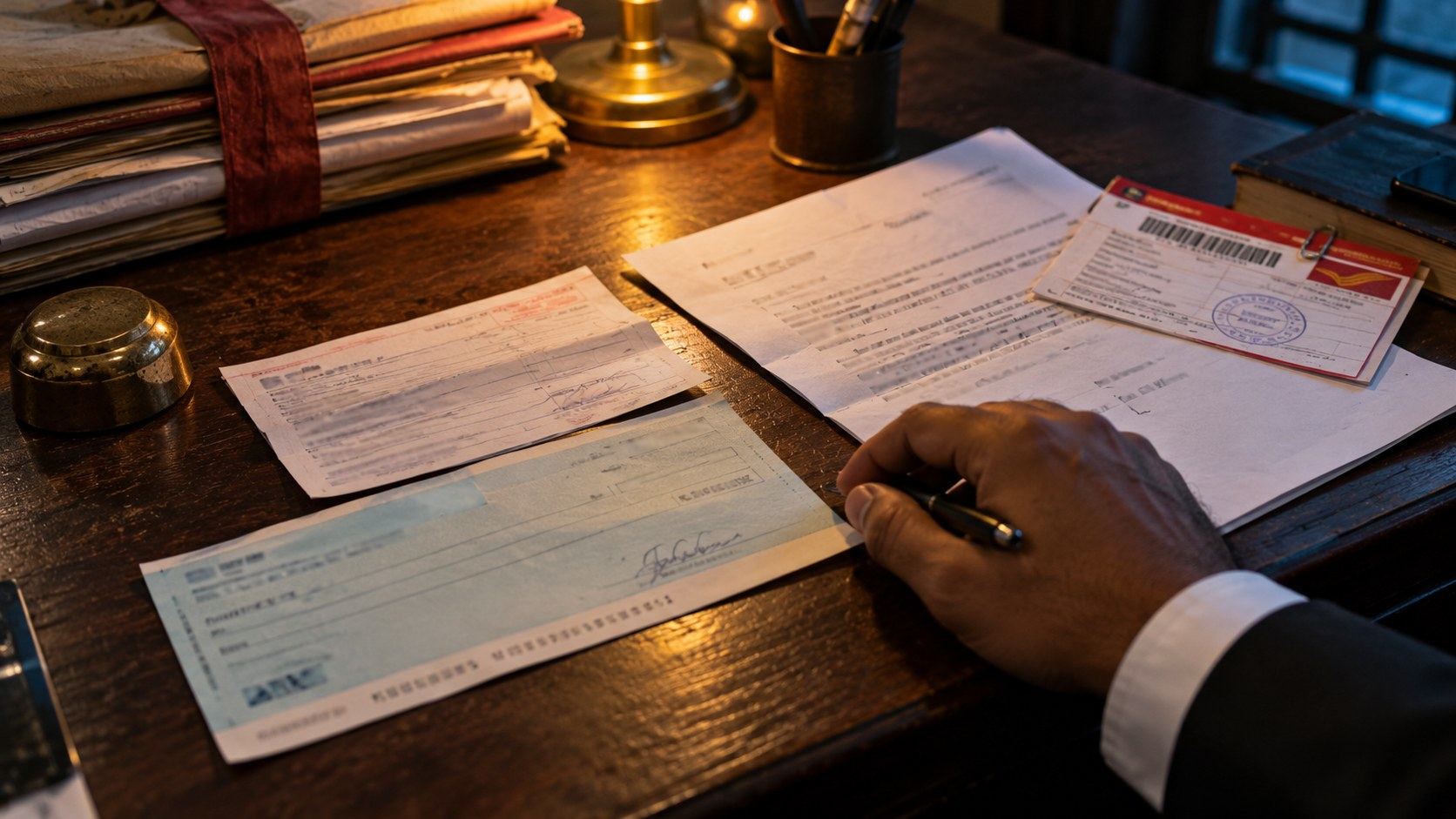 A bounced cheque and legal notice on a desk