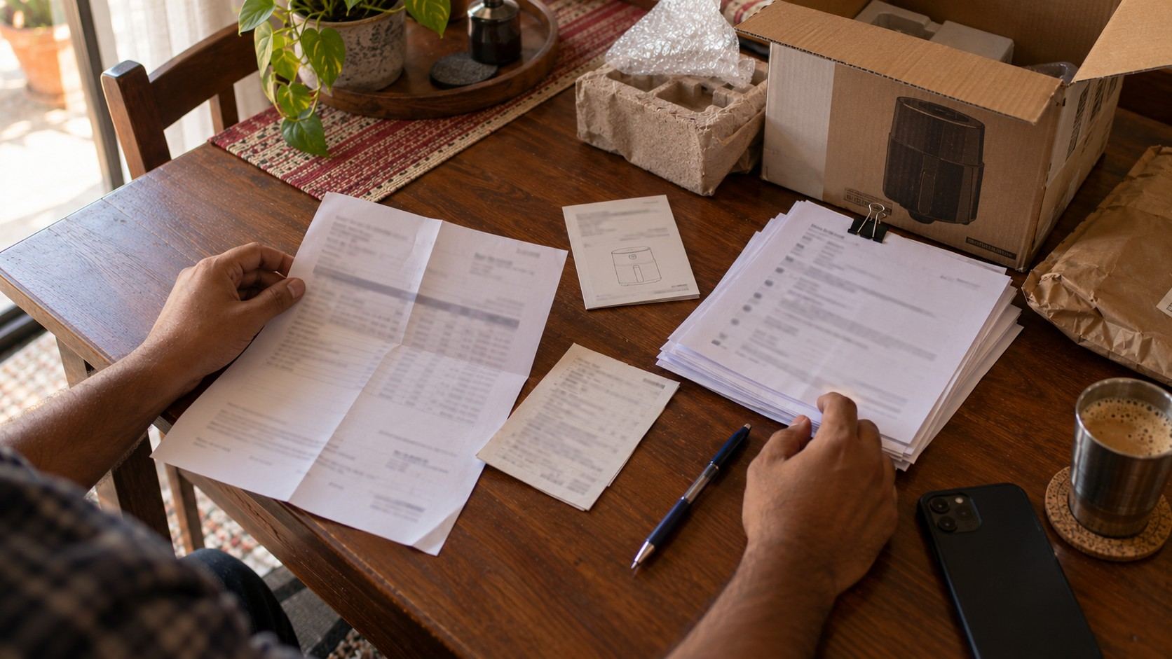 A consumer's papers on a table: an invoice, a warranty card and printed emails with the seller