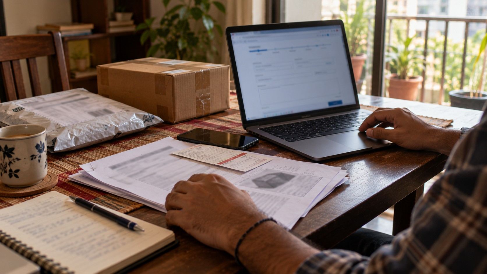A person at a table comparing a consumer complaint copy with details on a laptop screen