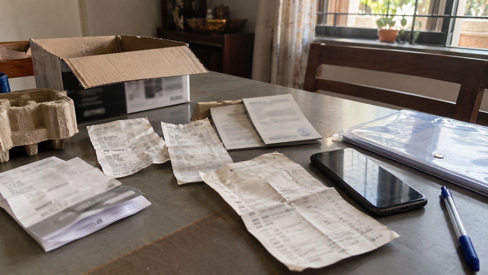 Shopping receipts, a warranty card and a phone laid out on a table