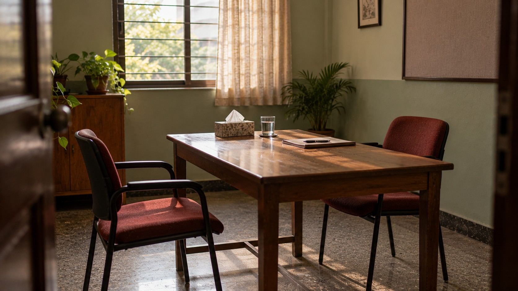 Two empty chairs on either side of a small table in a quiet mediation room with soft daylight