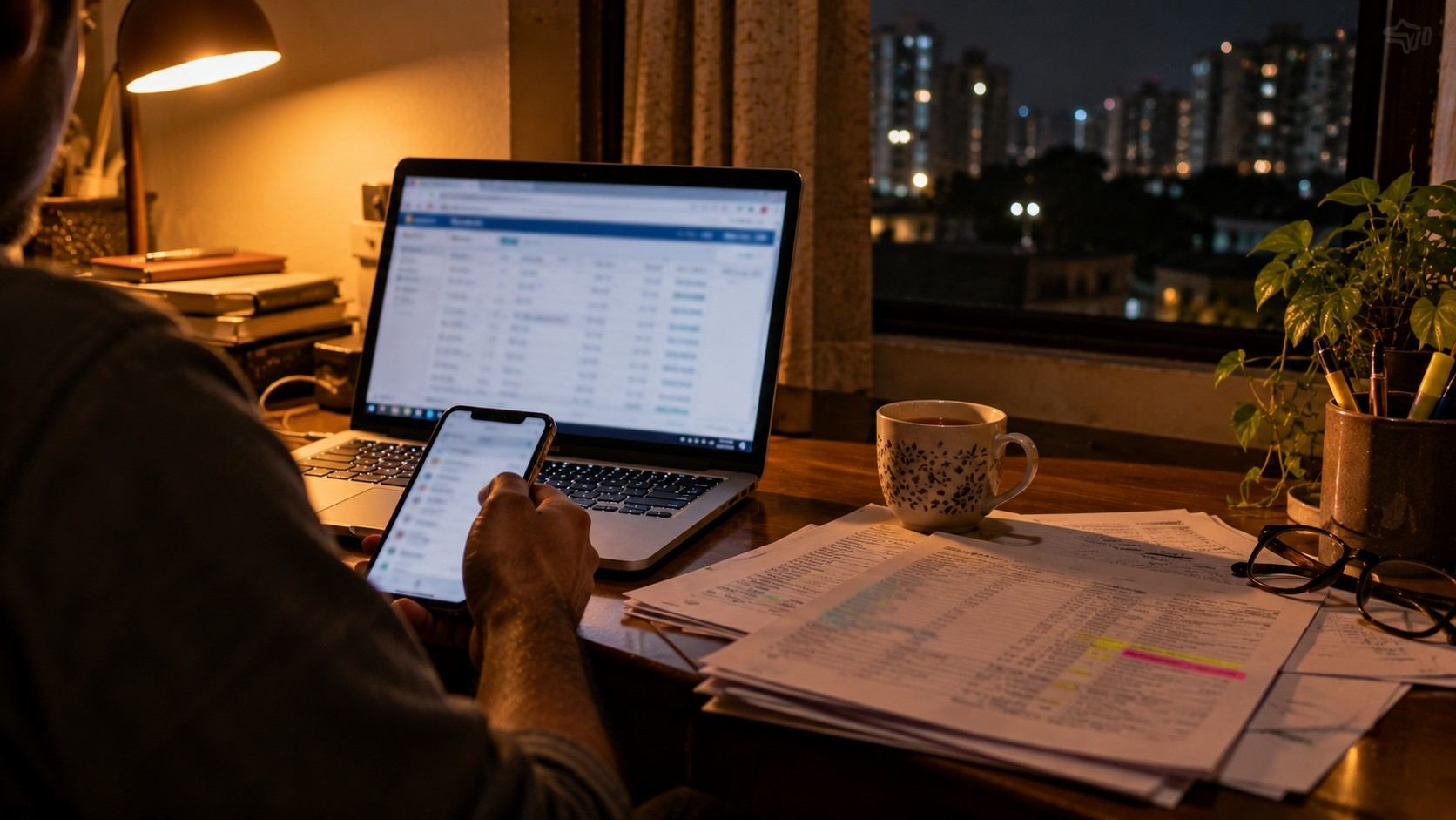 A person at a desk at night looking at a phone and a laptop with bank statements printed beside them