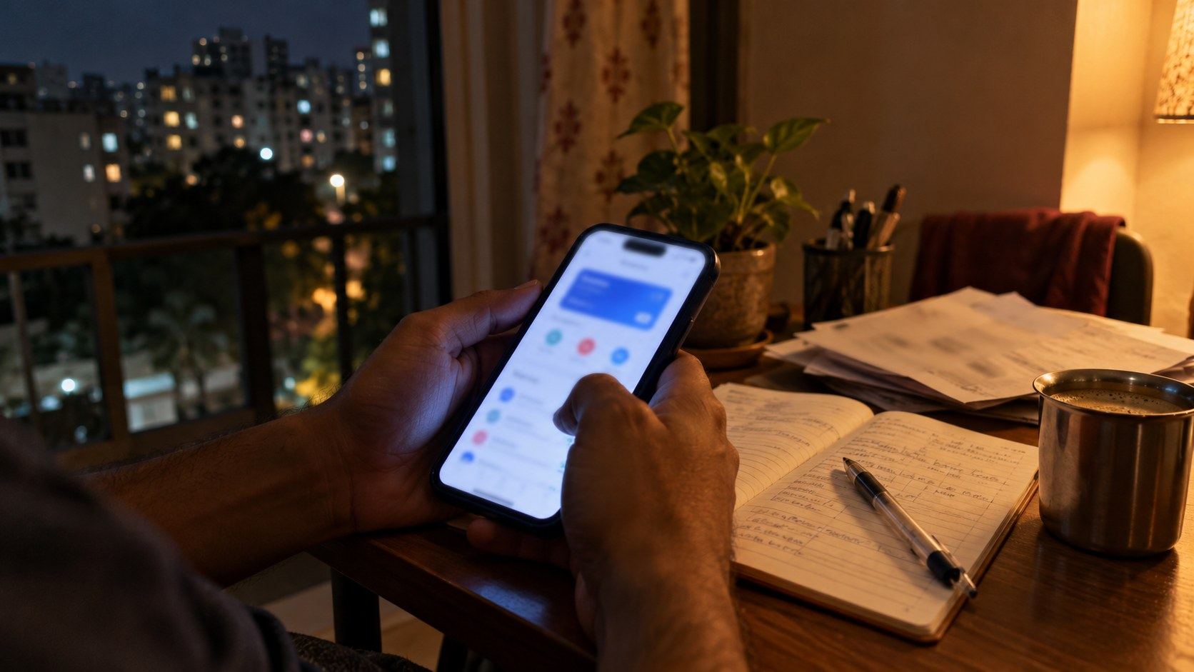 Hands holding a phone showing a payment screen, with a notebook of transaction details beside it