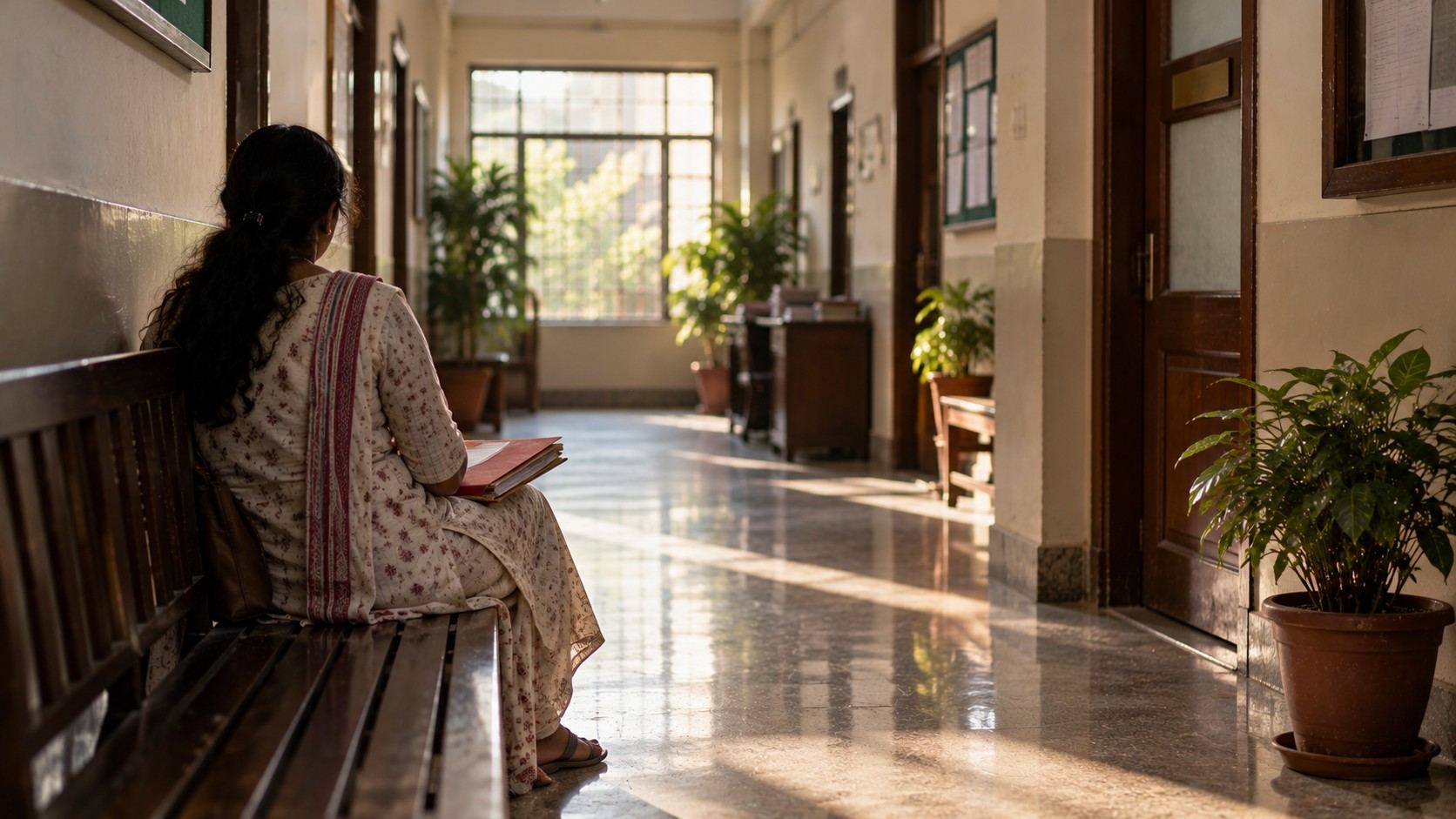 A woman seated on a bench in a calm government office corridor, seen from behind, holding a folder