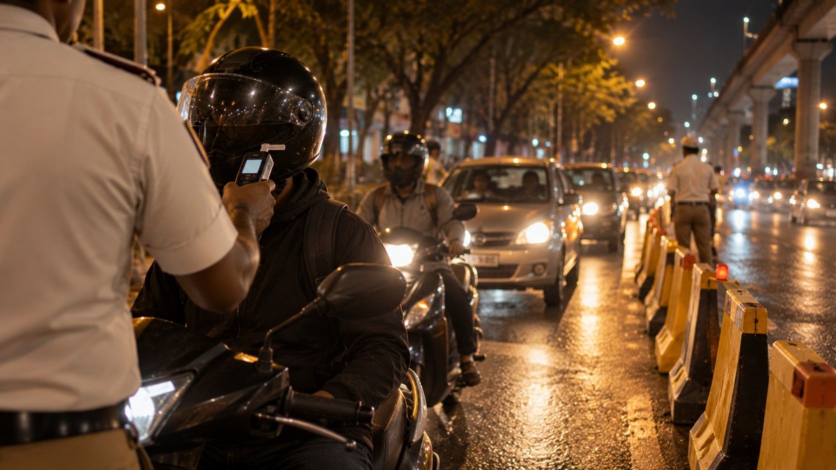 A traffic checkpoint at night on a Bengaluru road, with barricades and a police officer holding a breath analyser