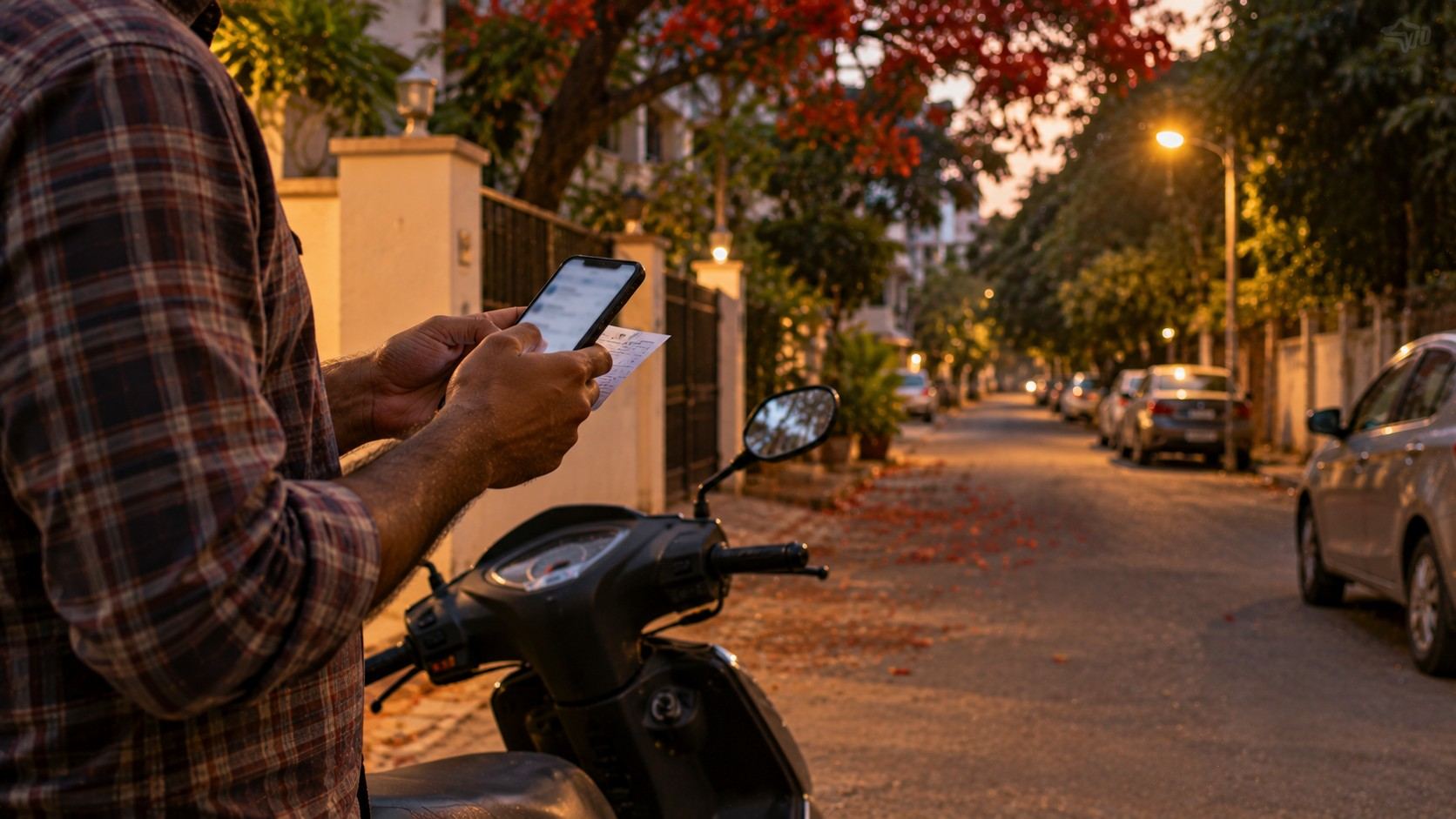 A person checking a vehicle challan on a phone while standing beside a parked two-wheeler