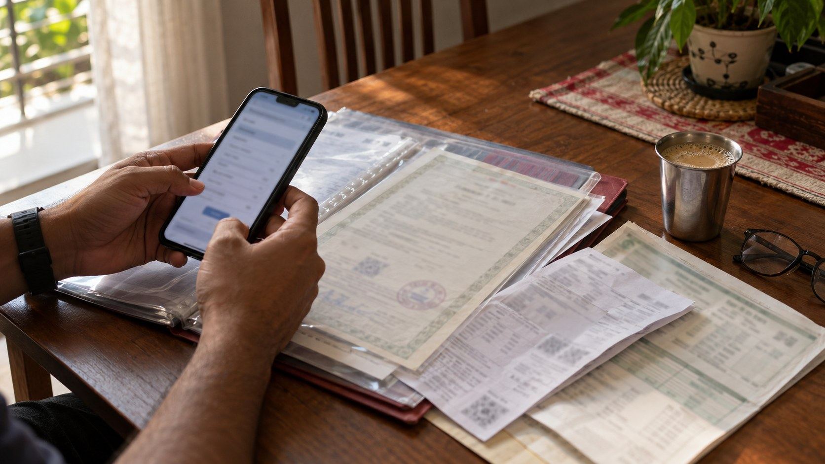A property owner's hands holding a phone over a folder of property papers on a table