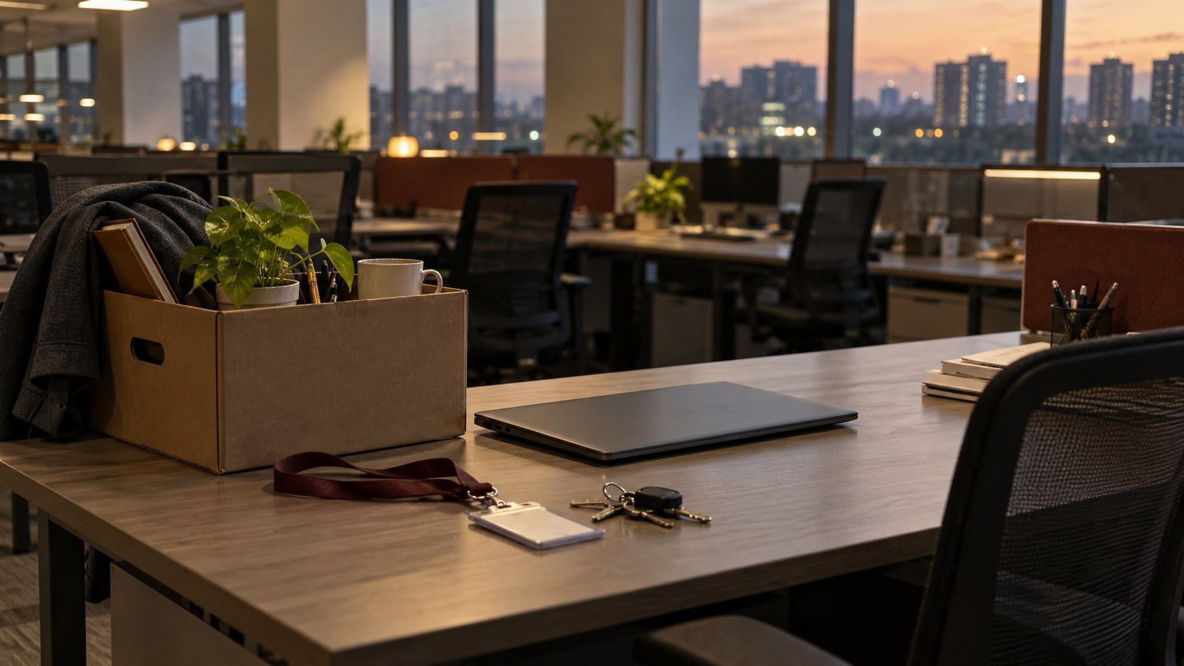 An office desk with a laptop closed, a set of keys and a cardboard box