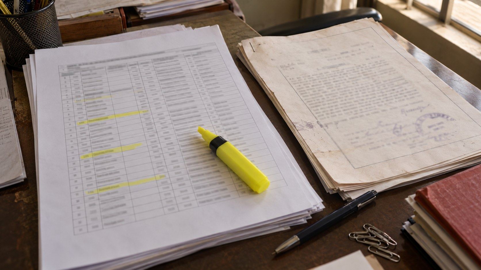 An encumbrance certificate printout and a highlighter on a desk