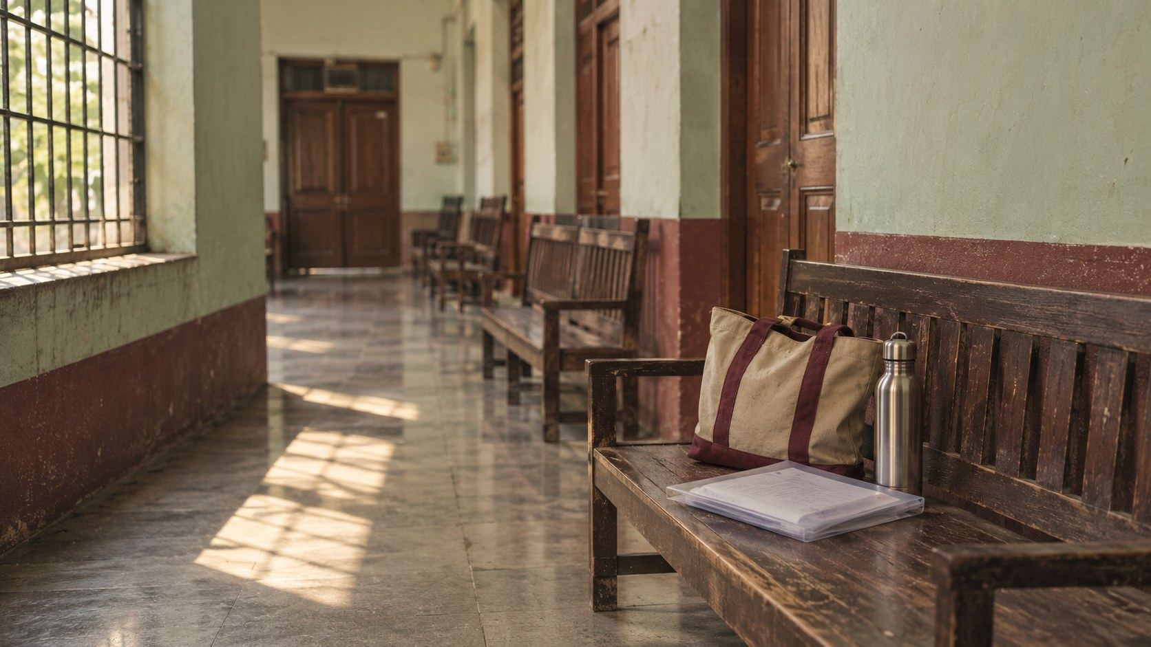 A quiet corridor with benches outside courtrooms