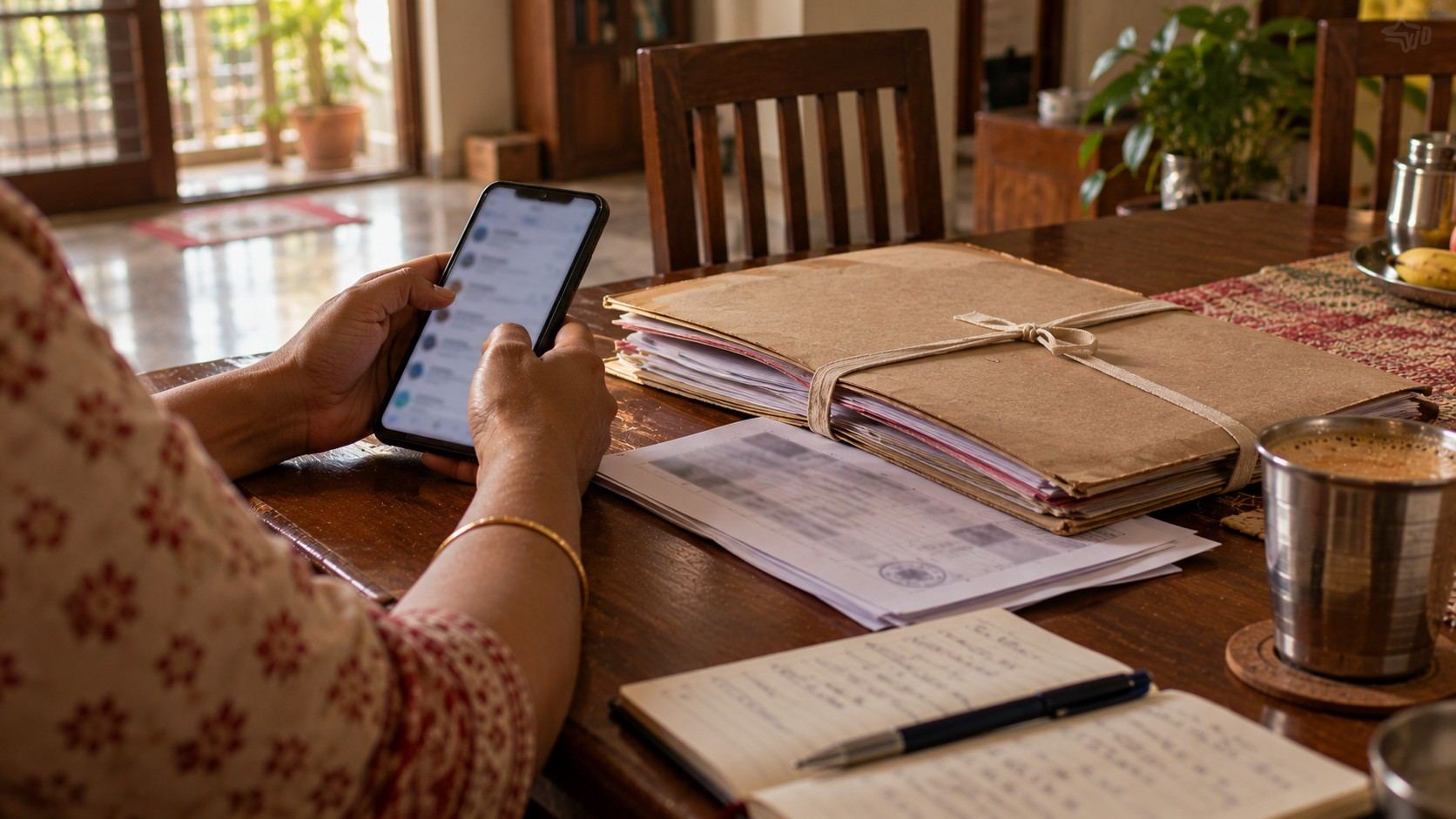 A person checking a court case status on a mobile phone, with a file of court papers on a table