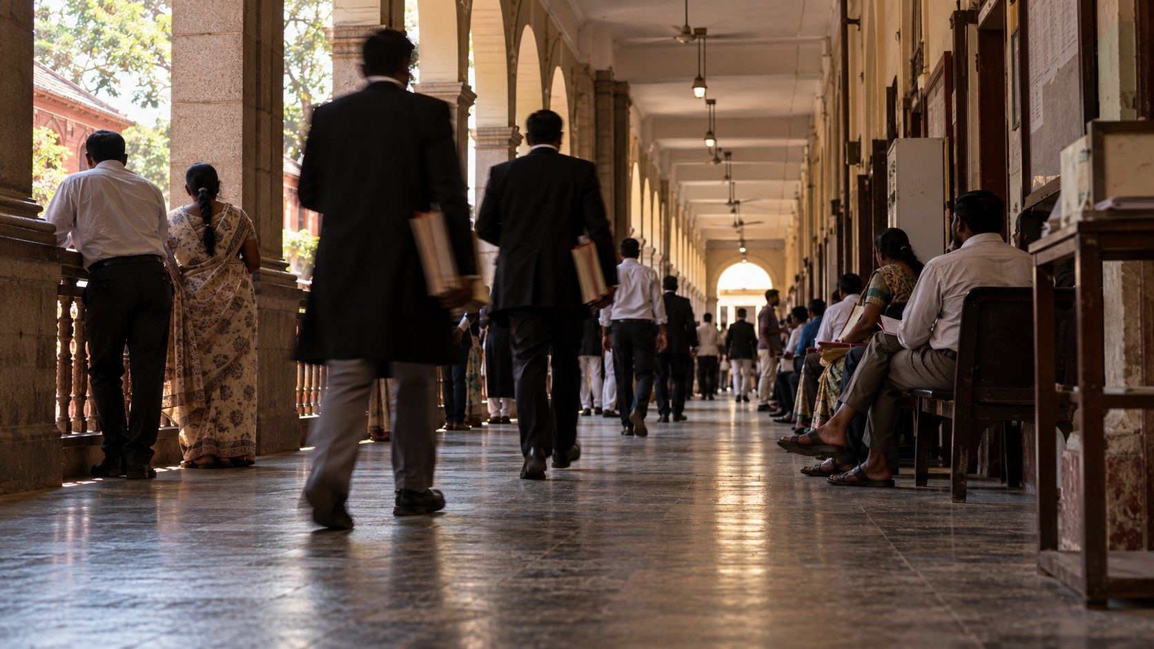 A busy court corridor with people waiting