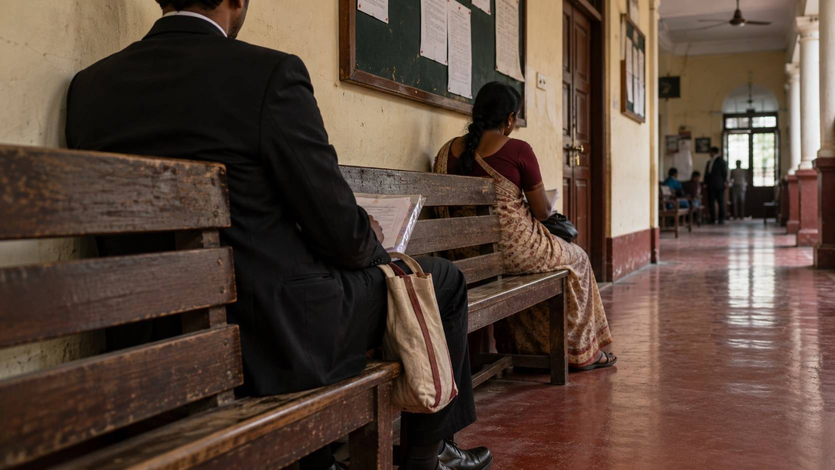 A waiting bench outside a courtroom