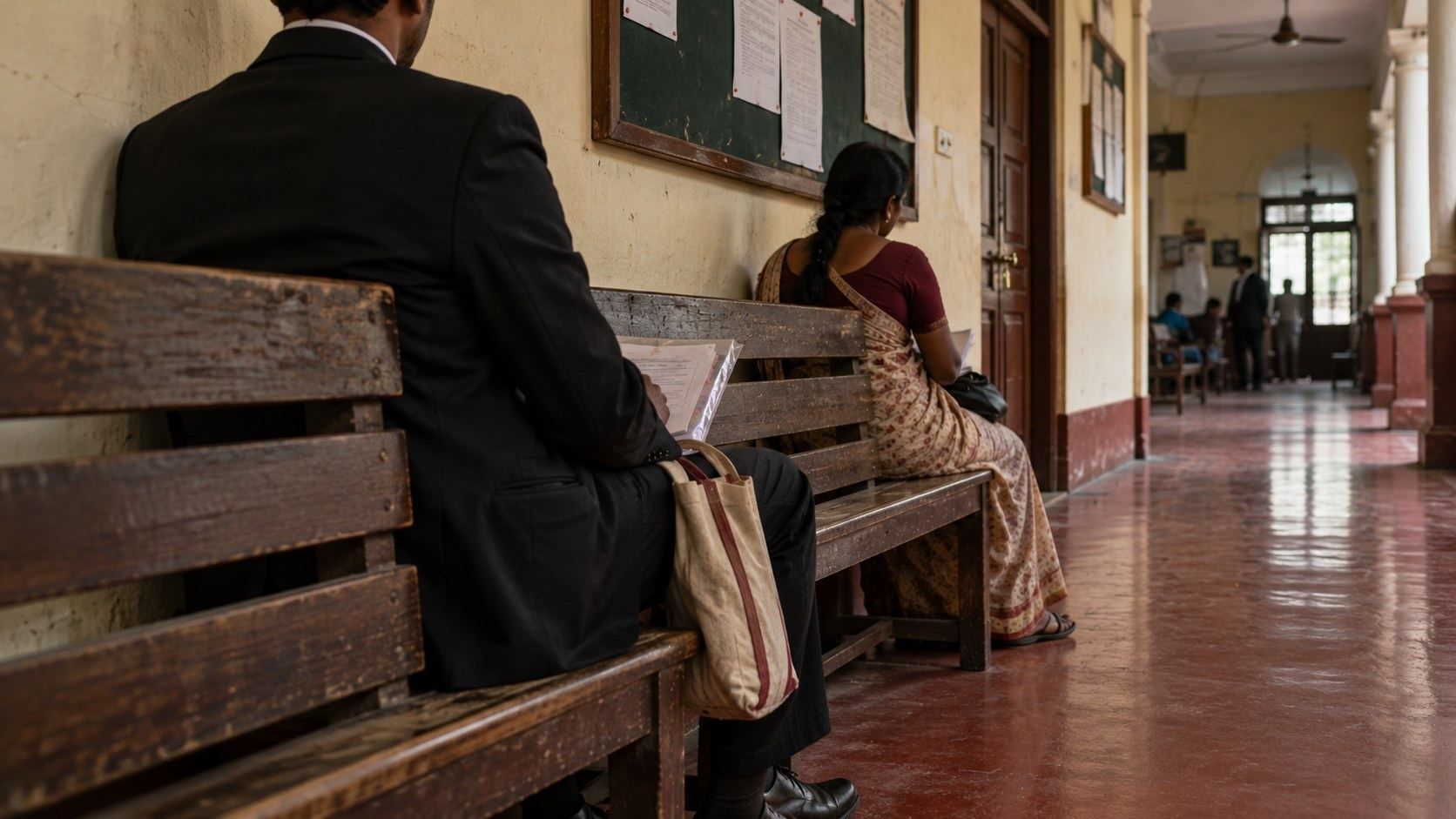 A waiting bench outside a courtroom