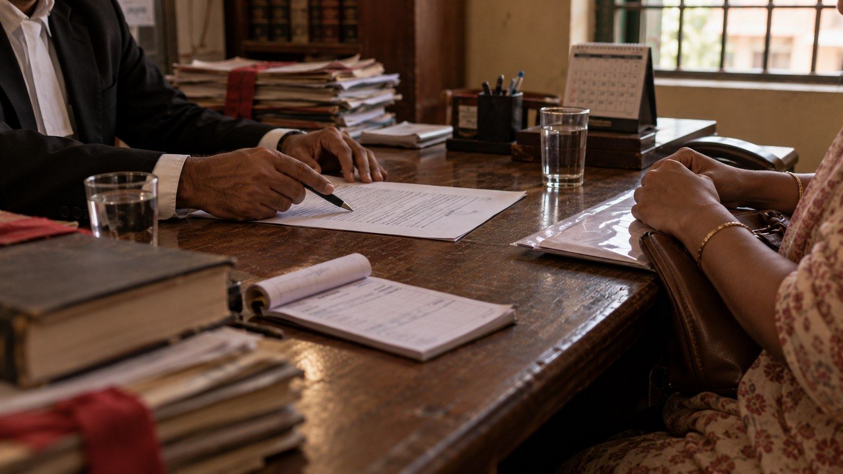 Fee agreement being explained across an office table