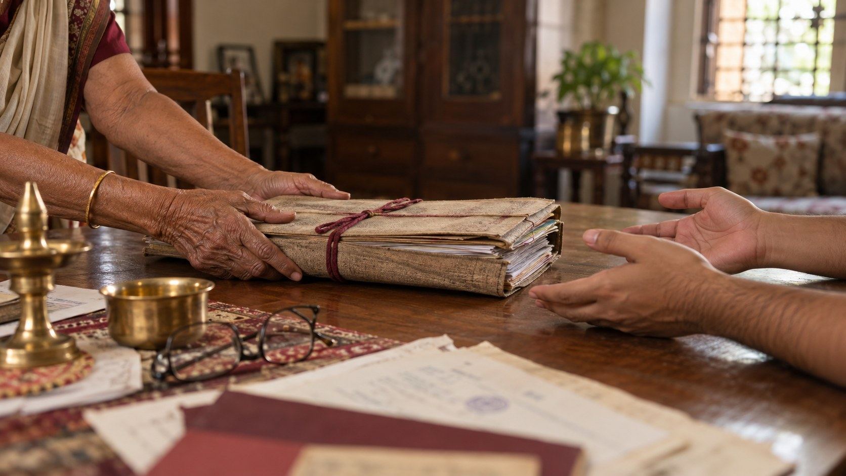 An elderly parent's hands passing a folder of property papers across a table