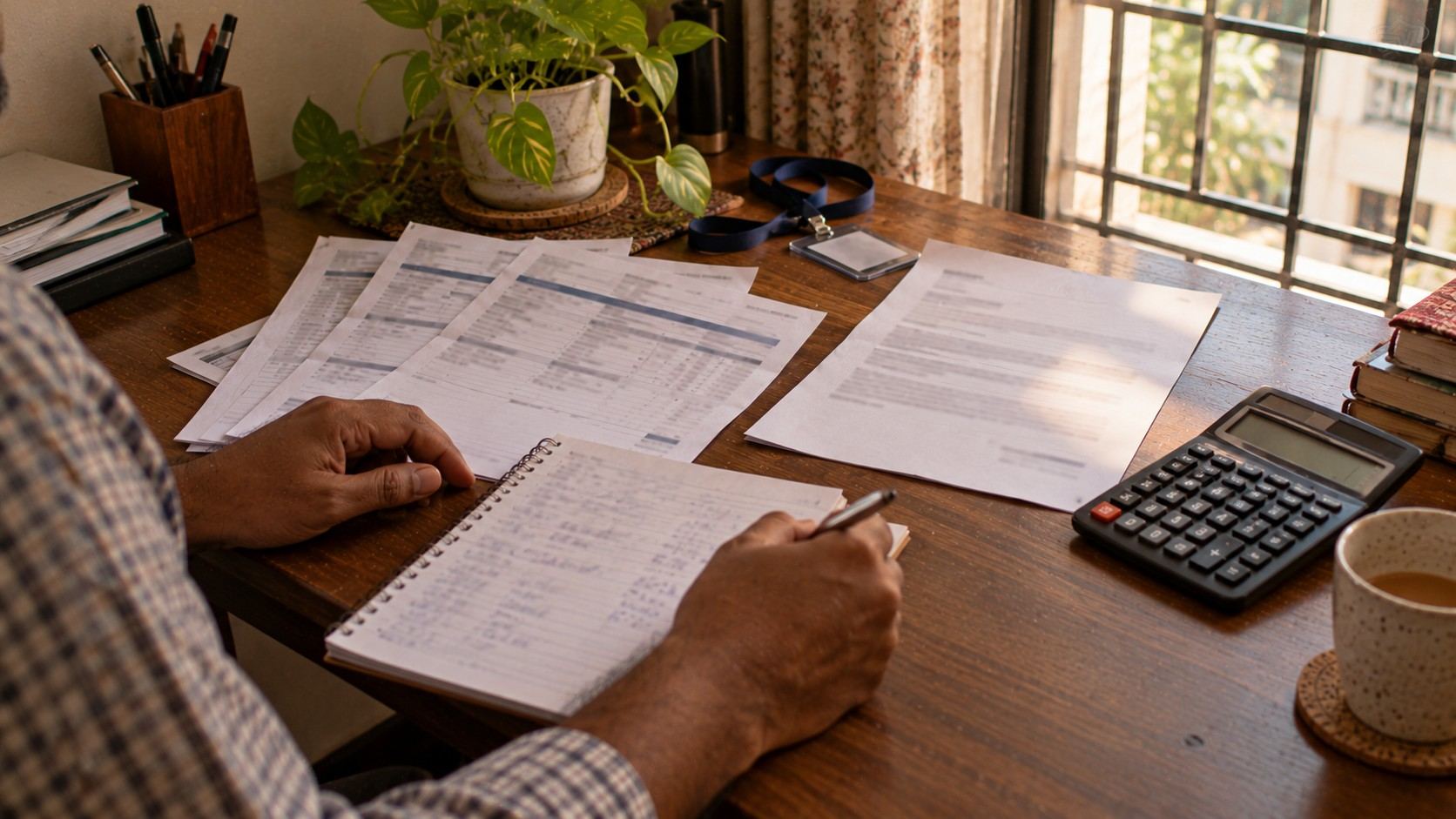 An employee's relieving letter, payslips and a calculator on an office desk