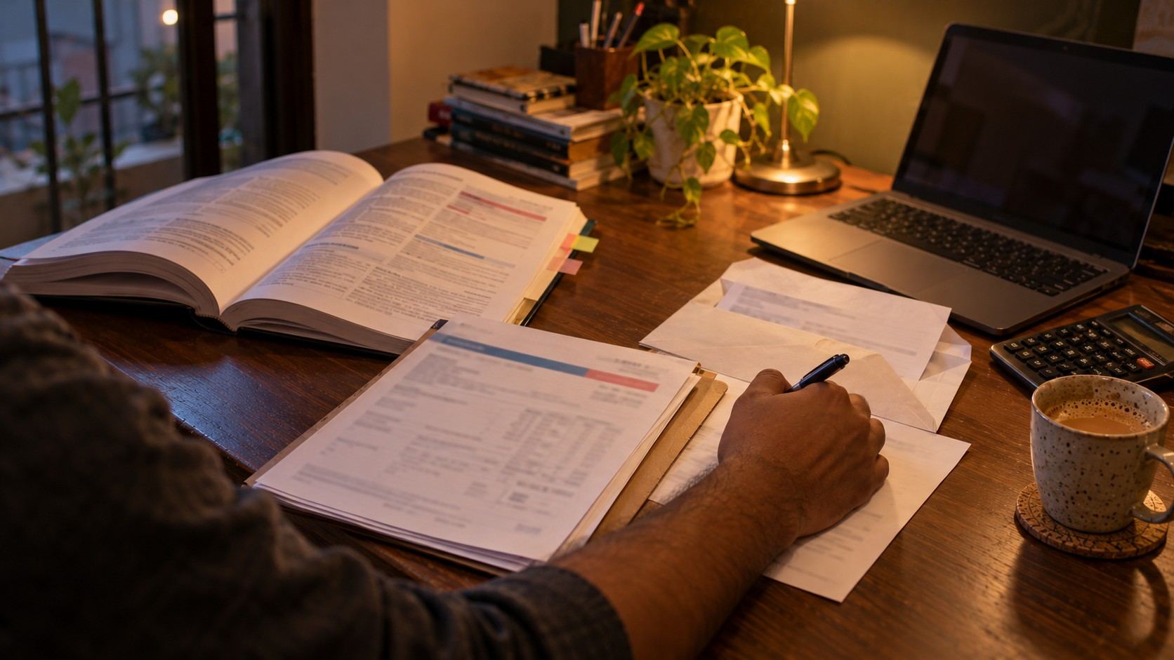 A health insurance policy document and a hospital discharge summary on a desk