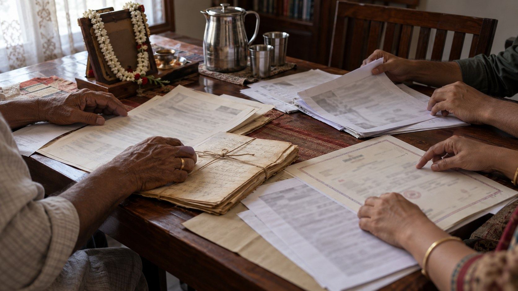 A family going through property papers and a death certificate at a dining table