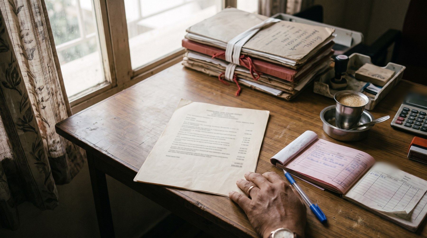 A fee note, a receipt book and a calculator on an advocate's desk