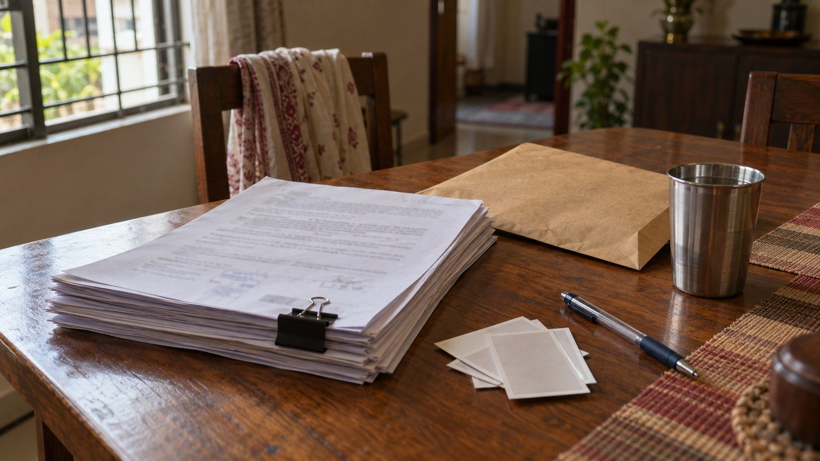 A family's papers on a table: a death certificate, ration card and Aadhaar copies clipped together for a revenue office application
