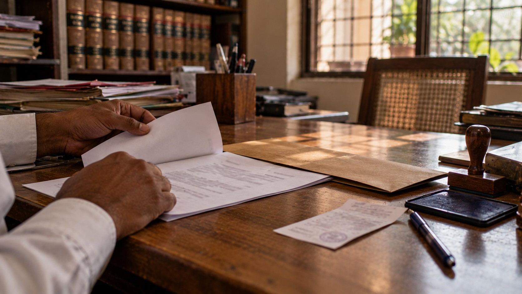 An advocate's desk with a typed letter, an envelope and a postal receipt beside it