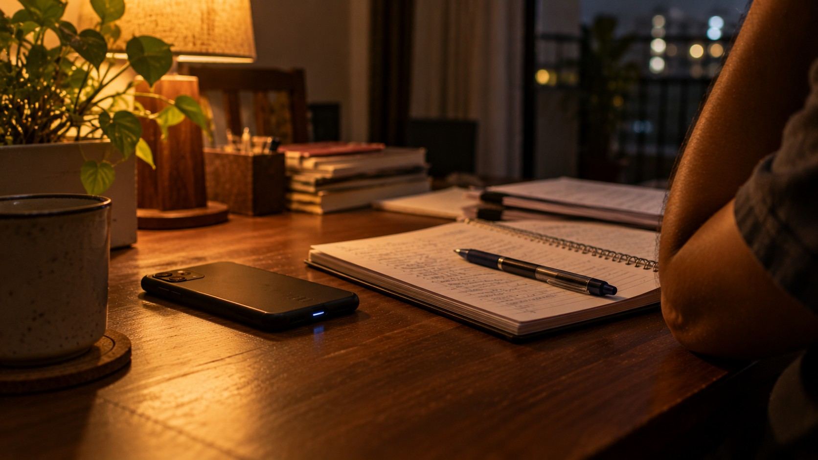 A phone face down on a table beside a notebook with handwritten call times and dates