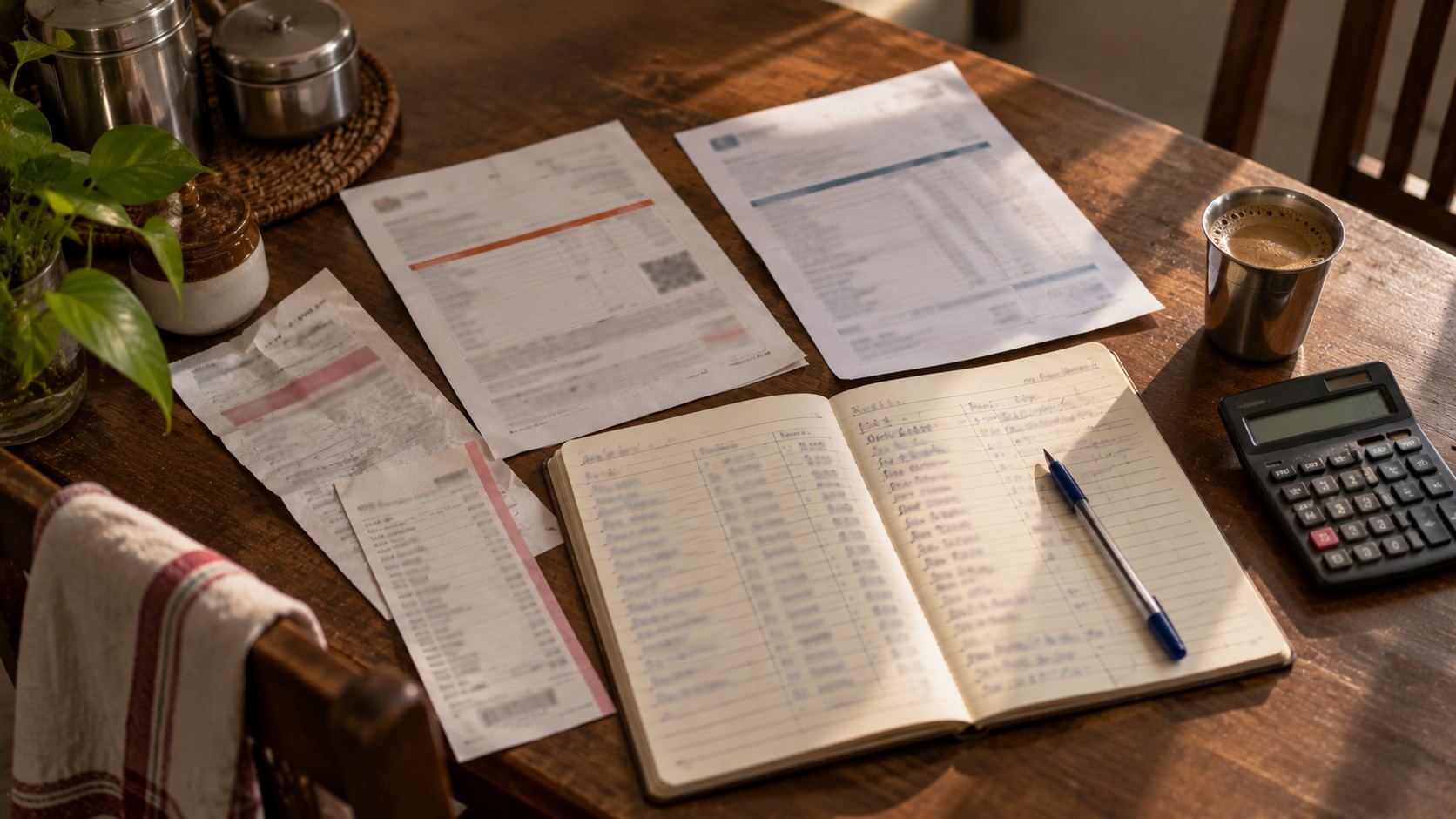 Household bills, a school fee receipt and a notebook of monthly expenses on a table