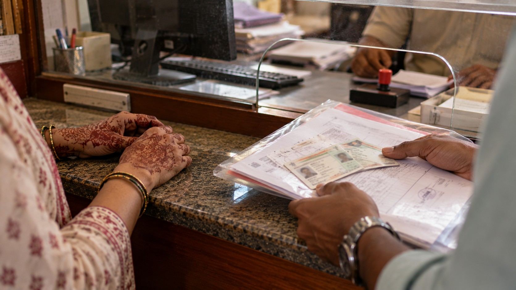 A couple's hands holding documents and identity cards at a government office counter, with no faces visible