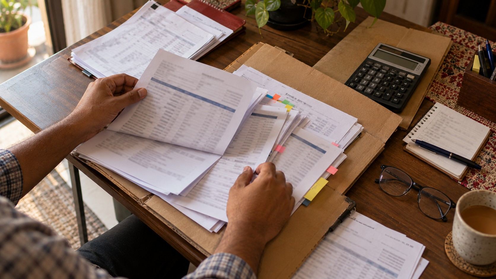 A folder of loan papers, bank statements and a calculator on a desk