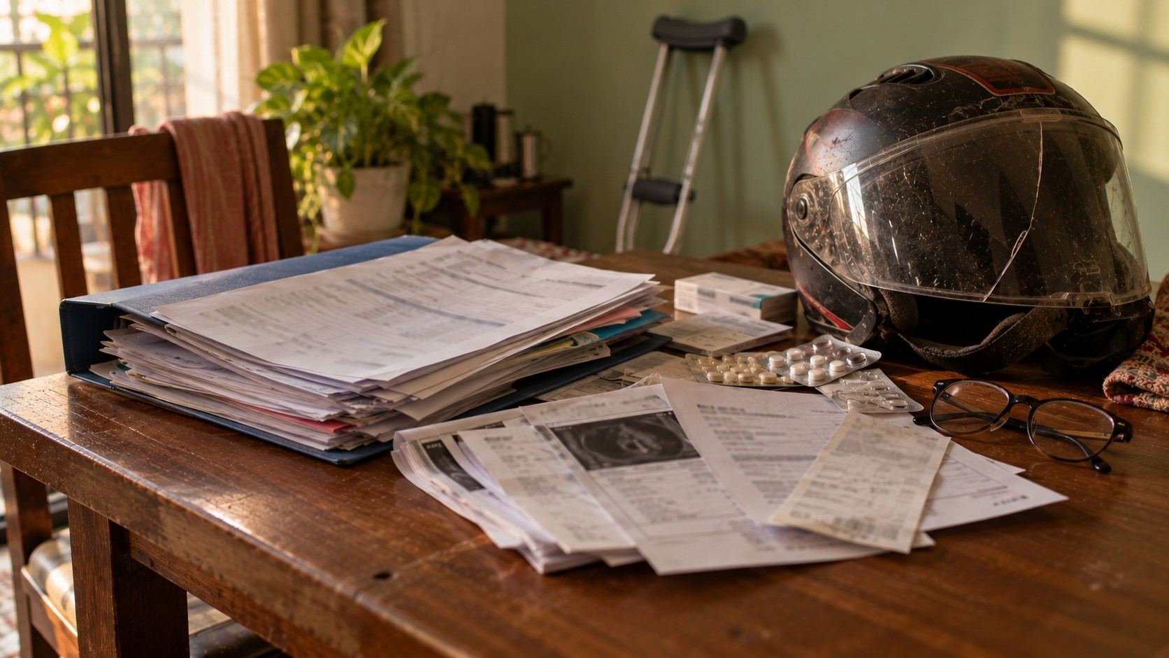 An injured person's hospital file and police papers on a table next to a helmet