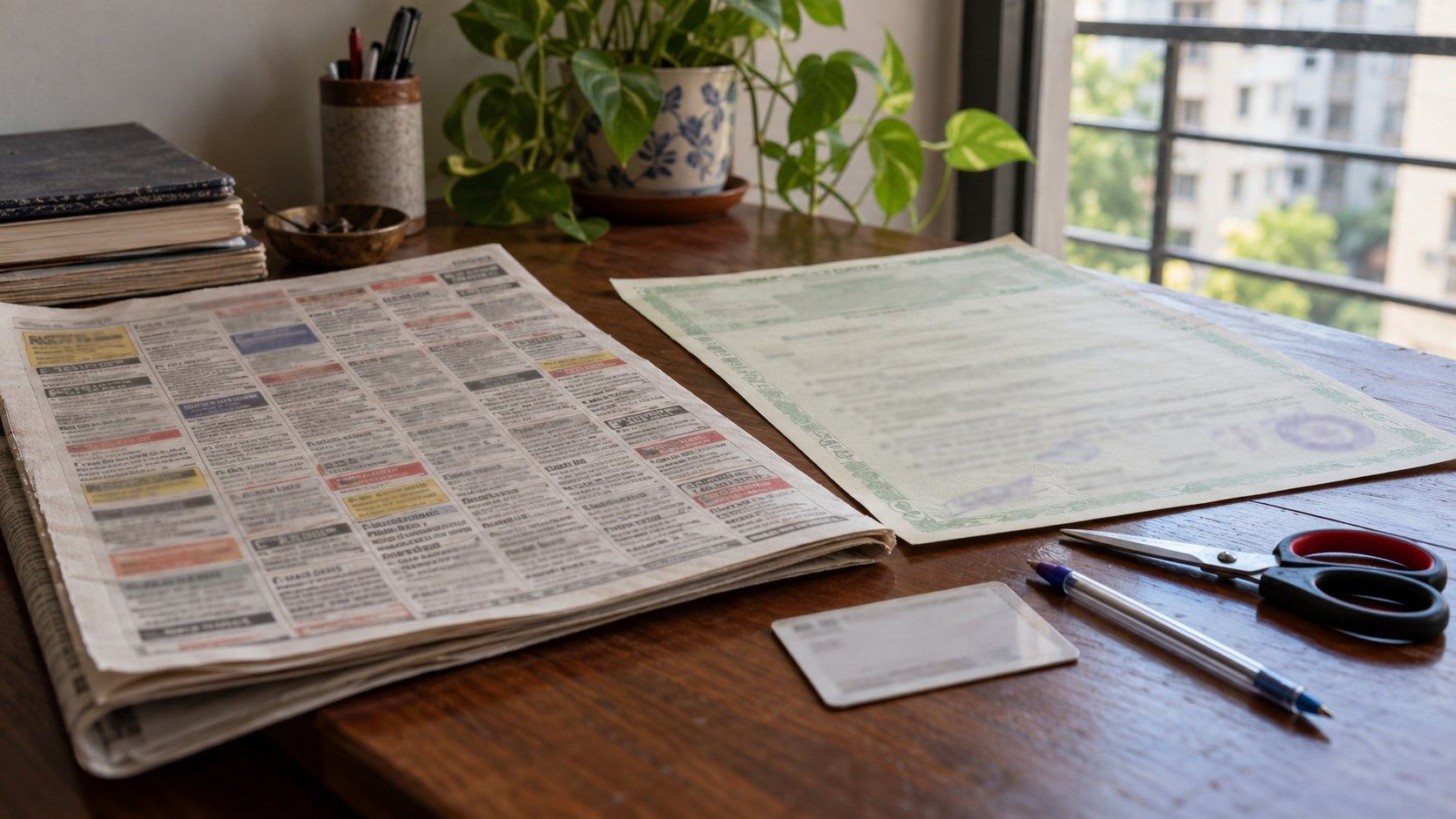 A newspaper's classified page folded beside an affidavit and an Aadhaar card on a desk