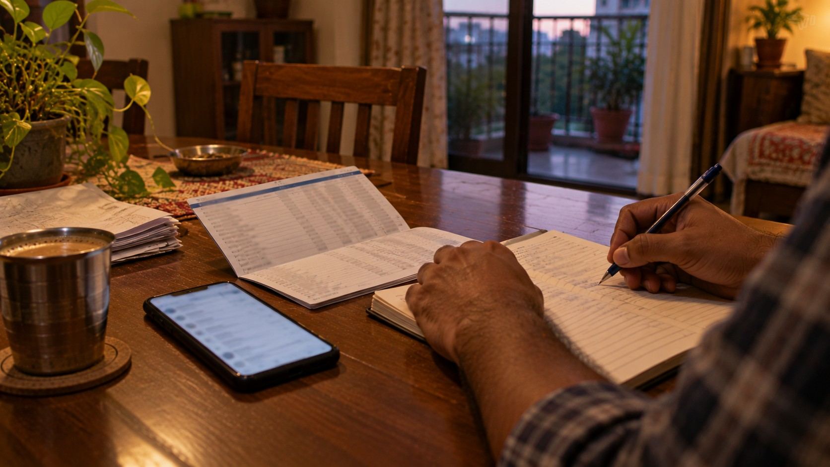 A person sitting at a table with a phone and an open bank passbook, writing down transaction details