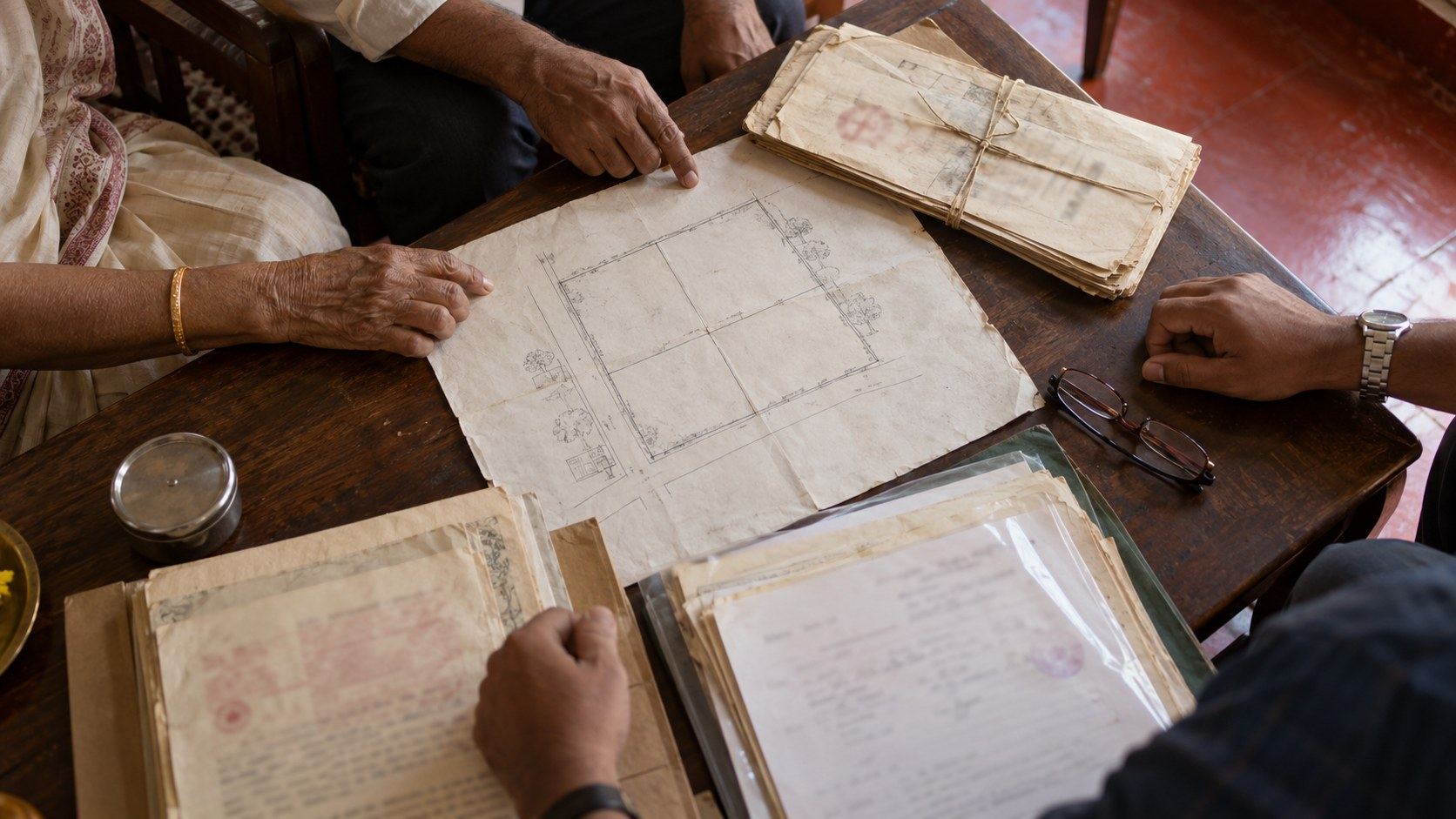 Family members' hands over a hand-drawn sketch of a site divided into portions on a table