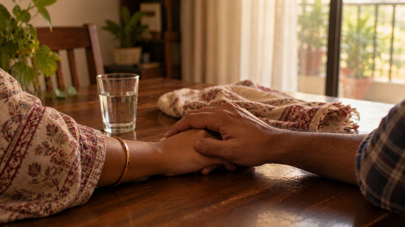A parent and child's hands resting together on a table in a quiet room