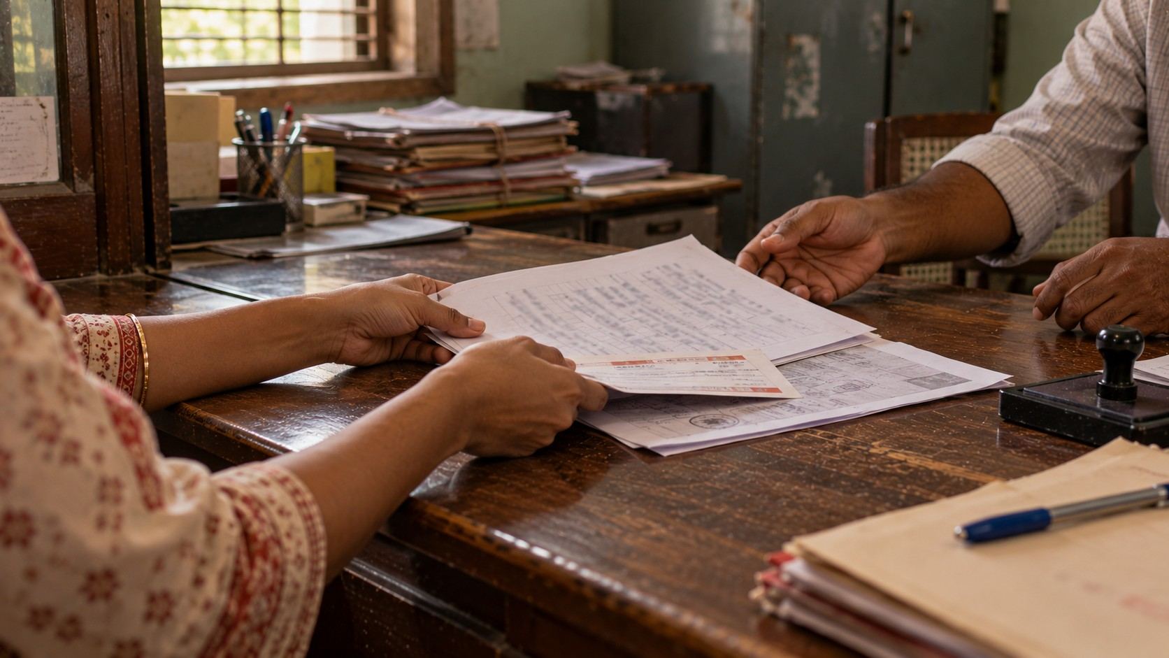 A person handing a written complaint across a counter at a police station, papers and a pen on the desk