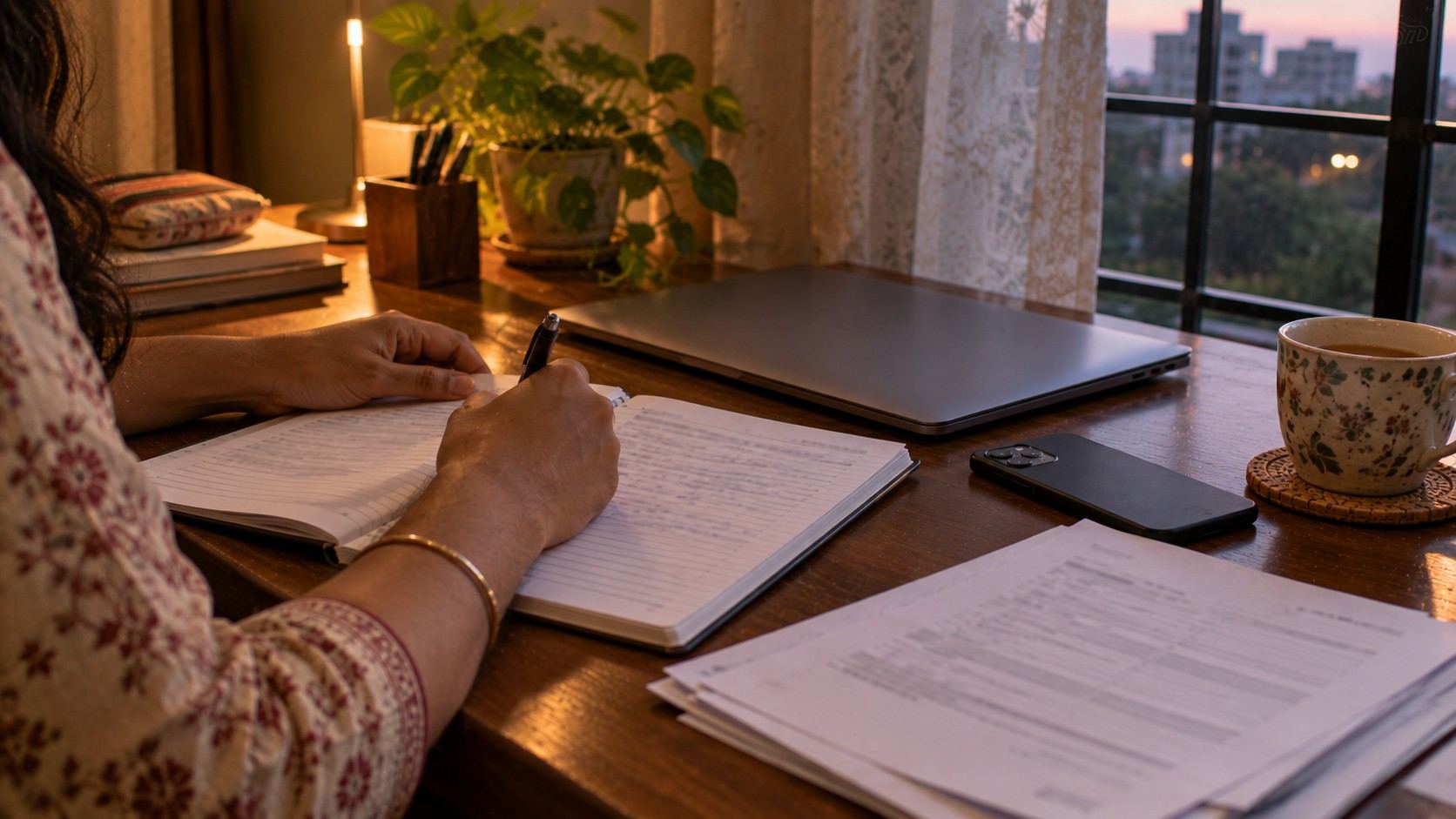 A woman's hands writing a complaint on paper at a desk, with a closed laptop beside her