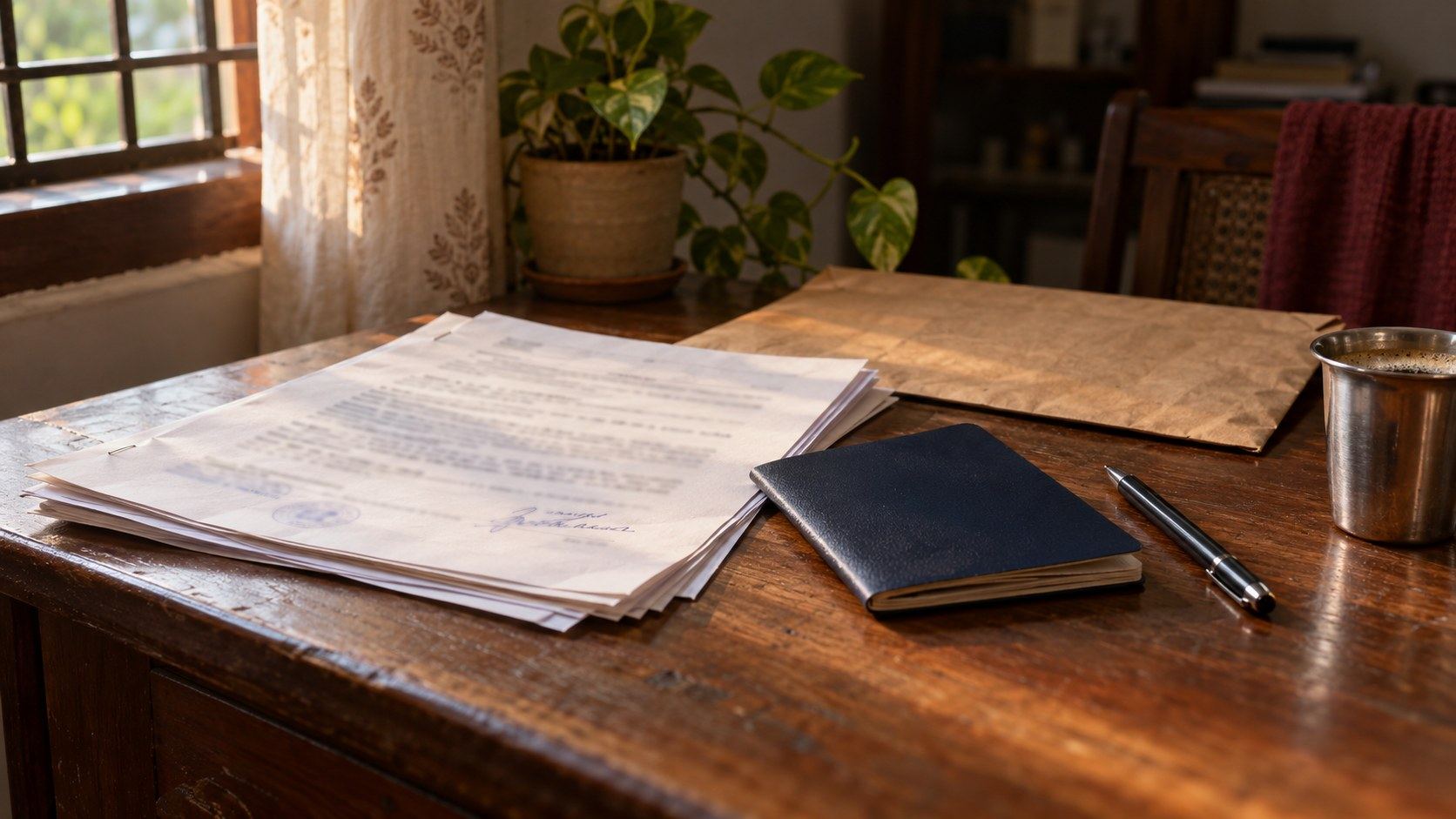 A signed document on a desk beside a passport and a courier envelope