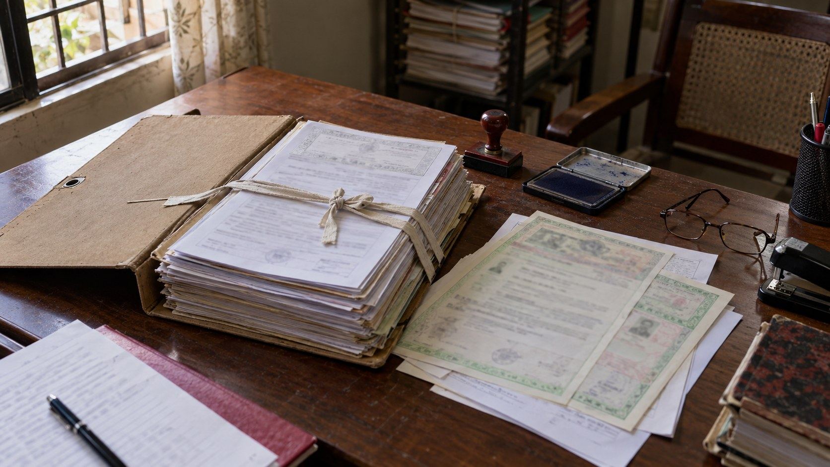 A folder of property papers and stamp paper on an office desk