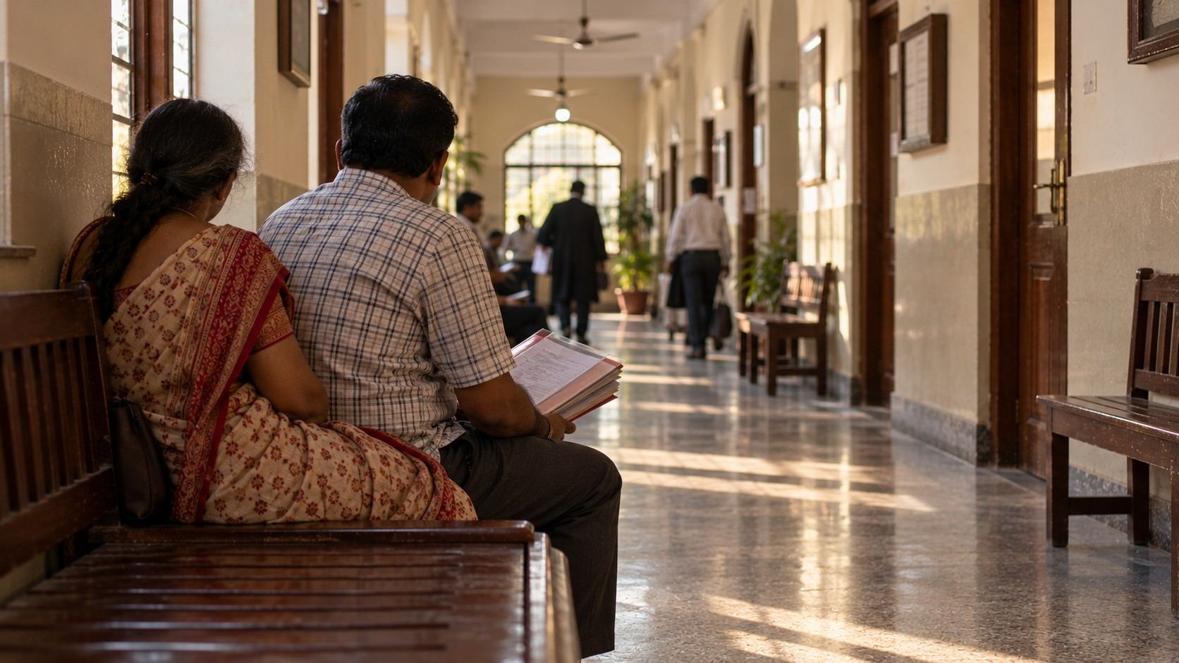 Family members waiting on a bench outside a courtroom with a folder of documents