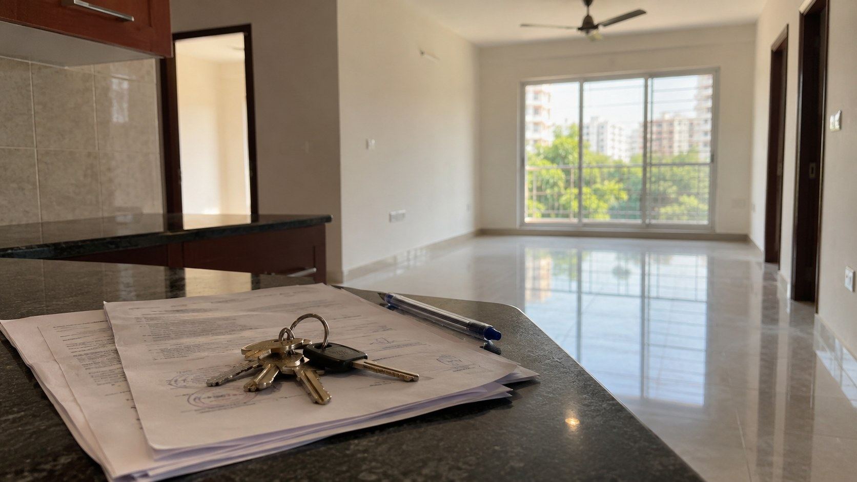 Keys and a printed agreement on a table in an empty Bengaluru flat