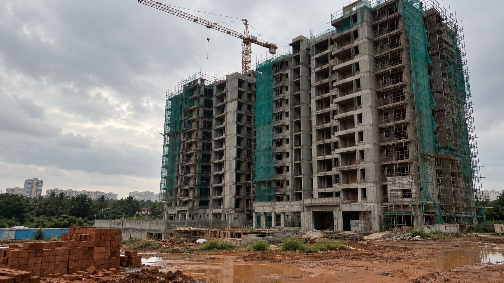 An unfinished apartment tower with scaffolding against a cloudy Bengaluru sky