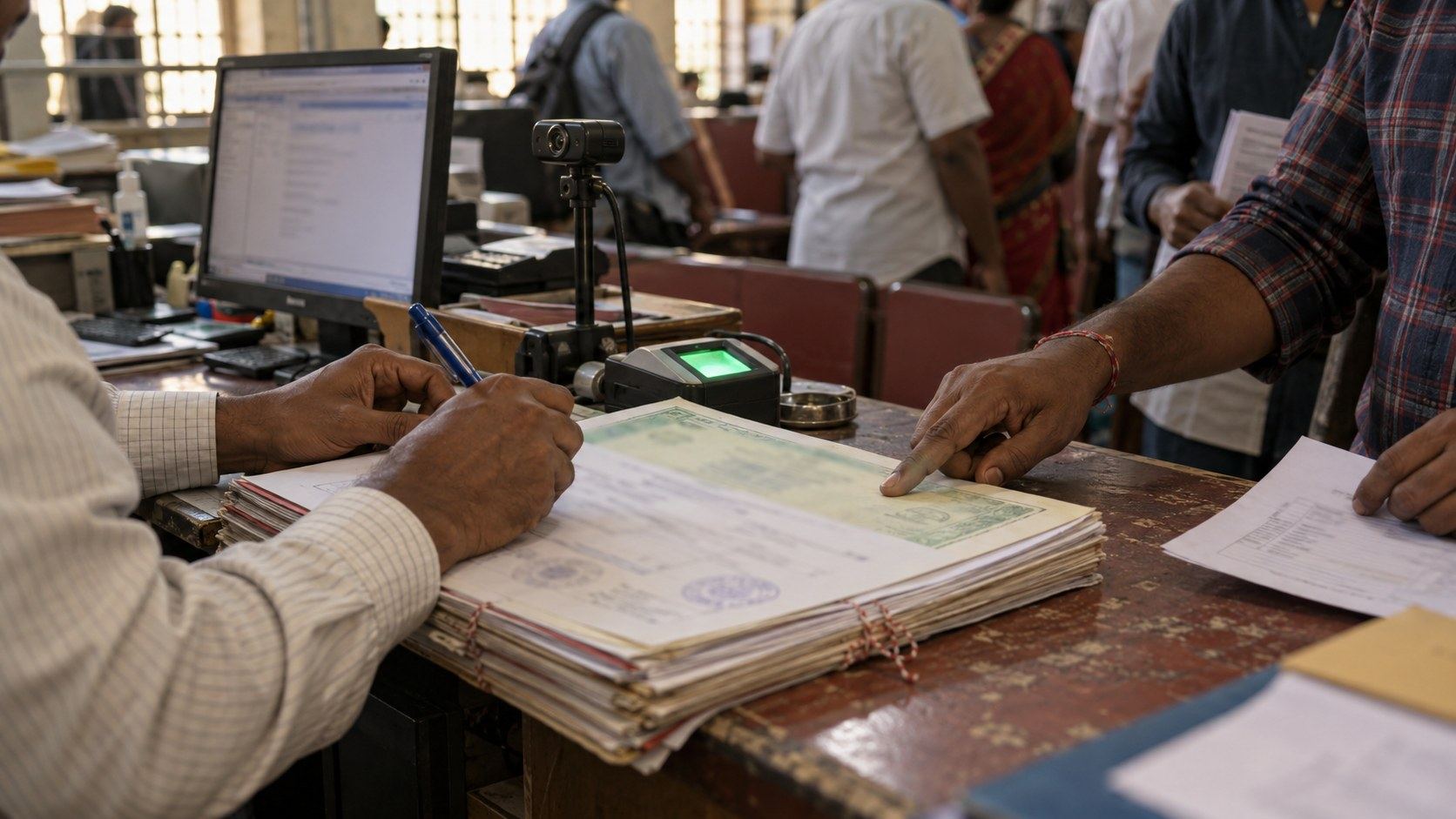 Buyer and seller's hands signing papers at a sub-registrar office counter