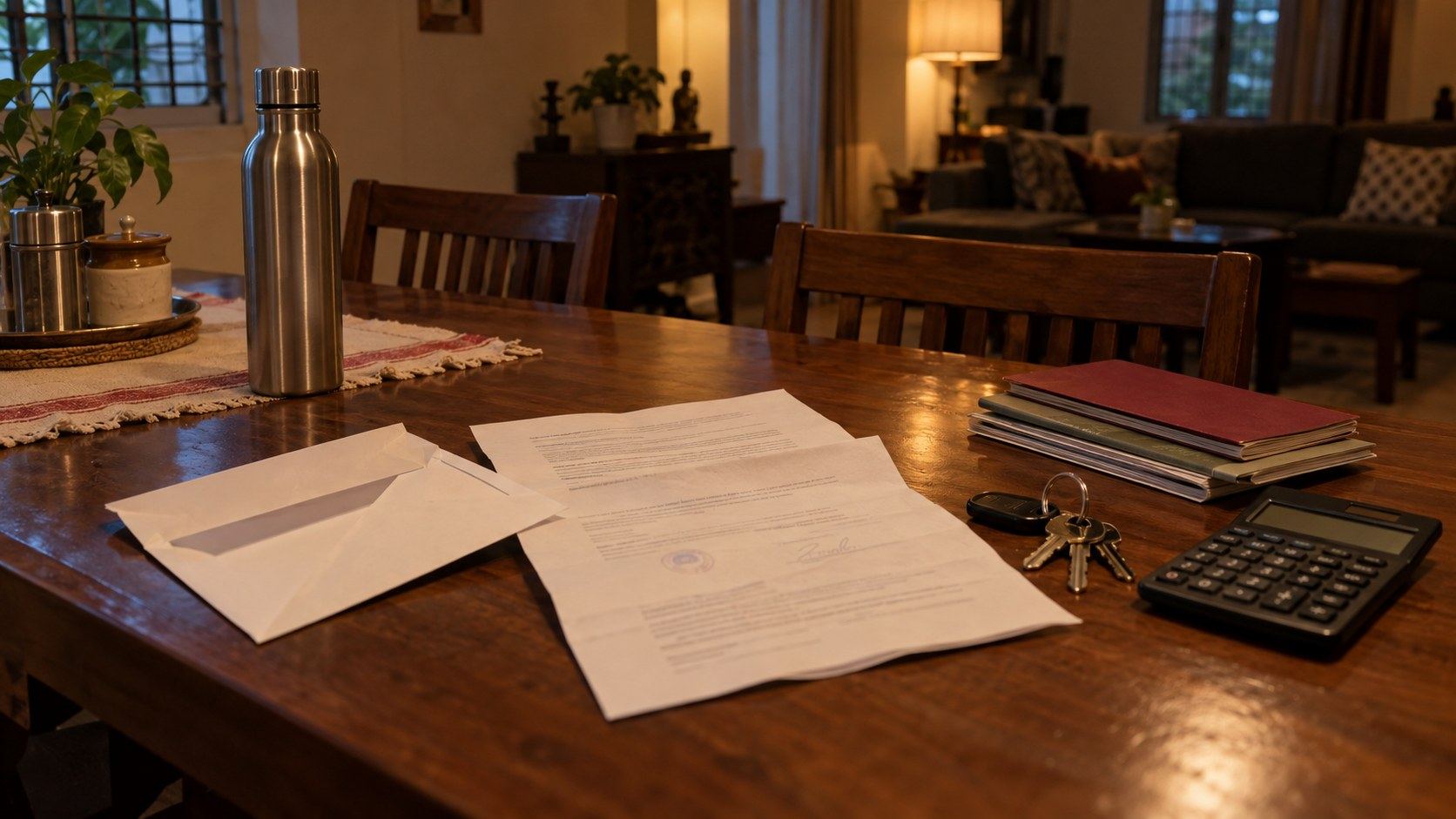 A bank envelope and a folded notice on a table beside house keys