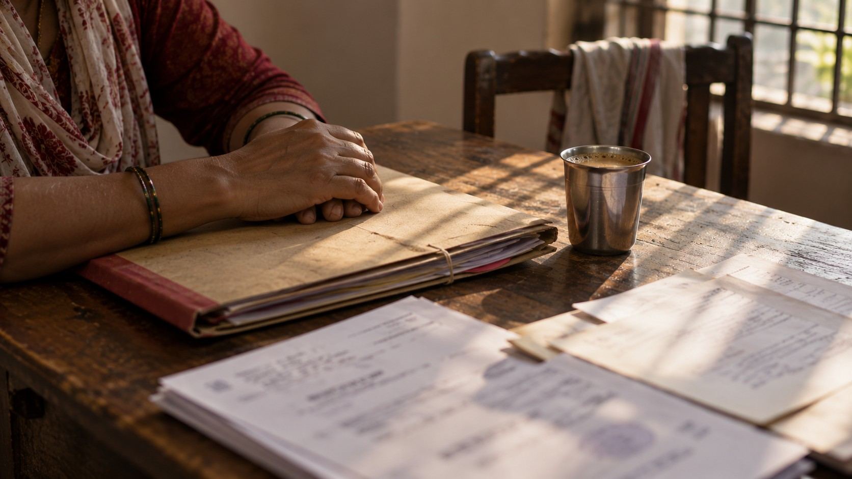 A woman's hands resting on a folder of papers on a wooden table, with a cup of tea beside it